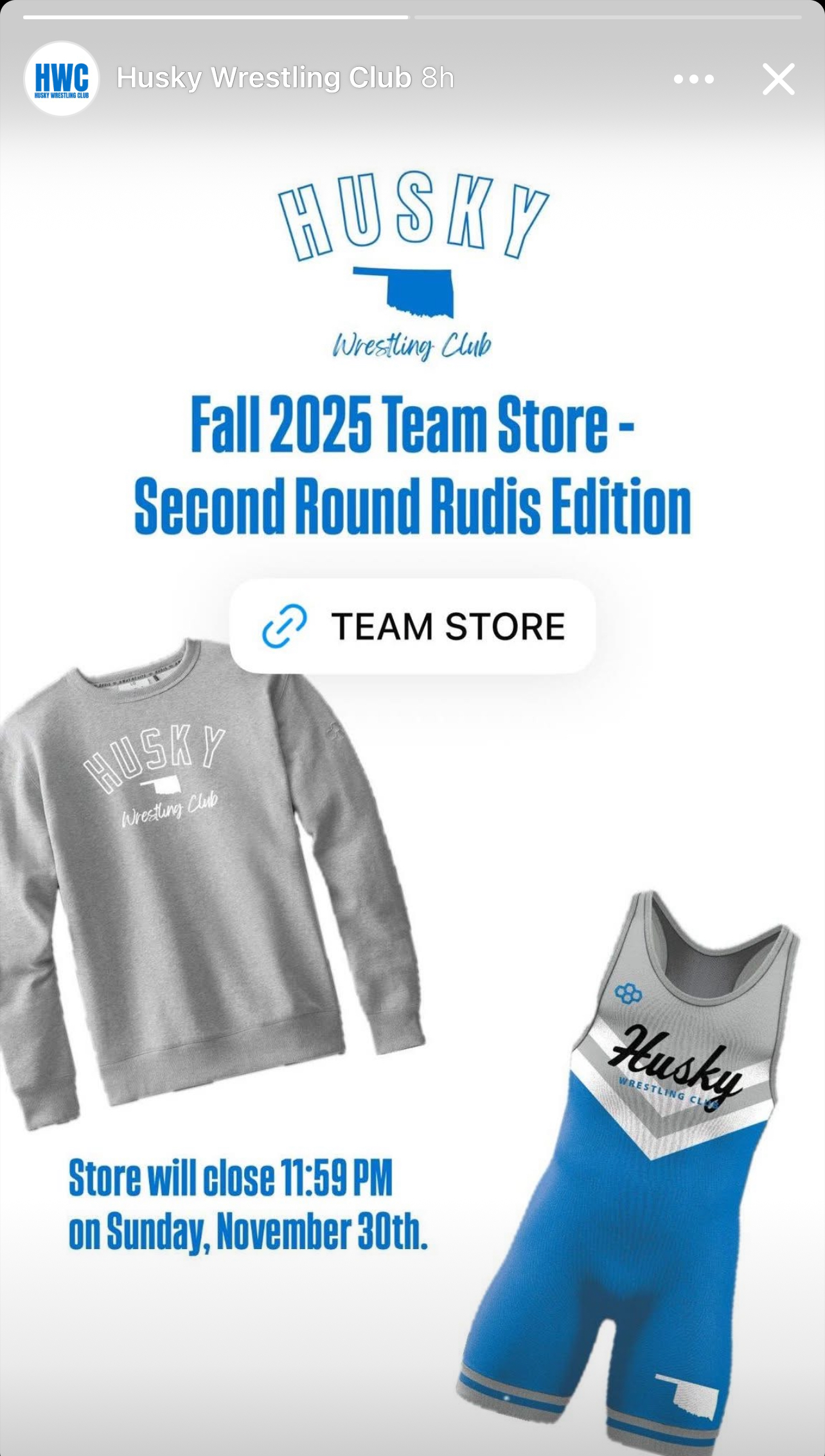 SALE HUSKIES WRESTLING GEAR ALL YEAR AROUND. PEOPLE CAN ORDER UNTIL THE THRESHOLD IS MET FOR THE ORDERS TO GO OUT. 